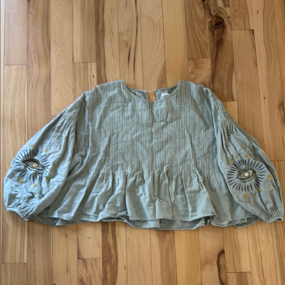 Green Boho Blouse with Embroidered Sleeves